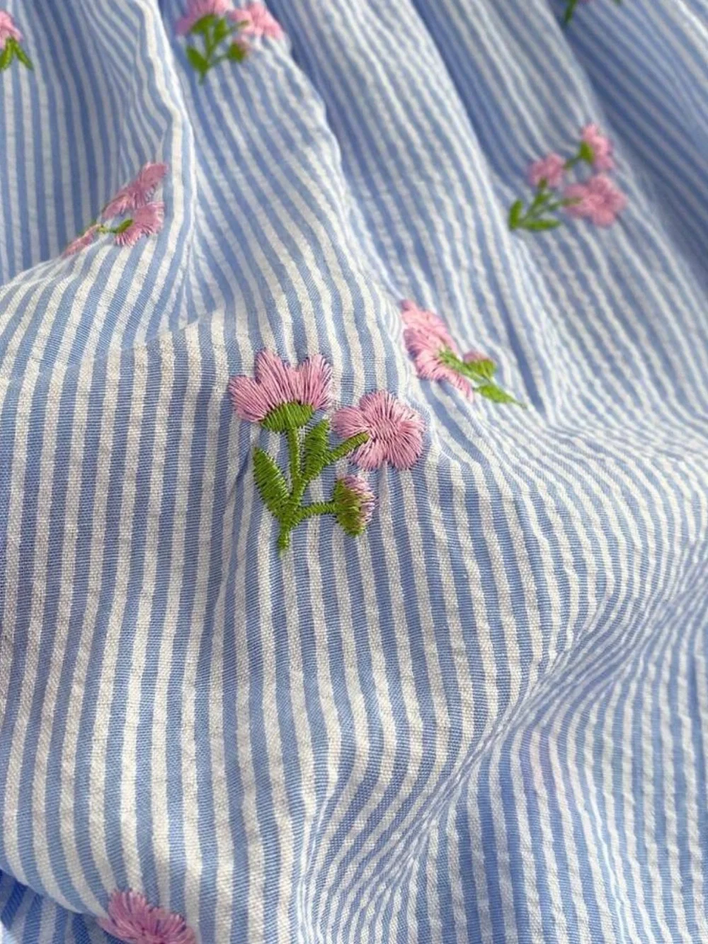Toddler Blue White Seersucker Embroidered Pink Flowers Lace Ruffle Sleeve Dress